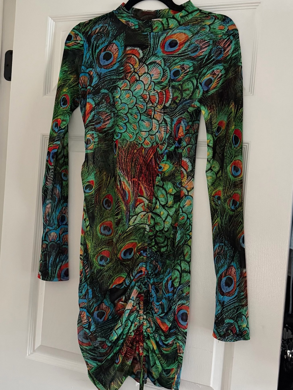 Long Sleeve Peacock-Print Ruched Bodycon Dress - Green